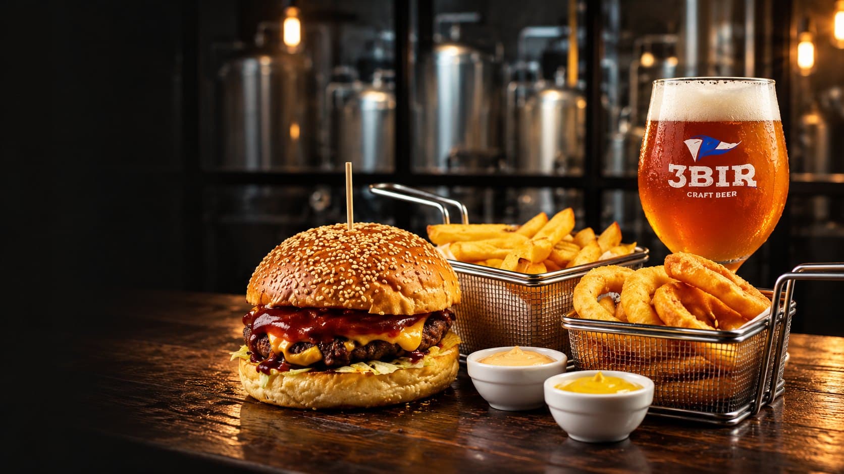 3BIR burger, fries and a glass of our beer
